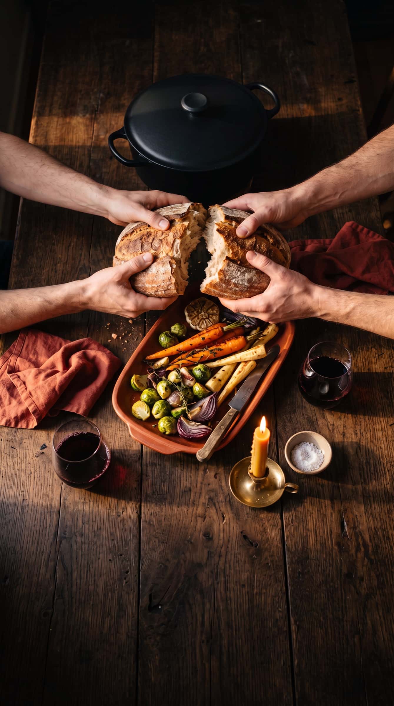 Grande tablée vue de près : plats partagés, pain rompu et mains qui se servent (illustration)