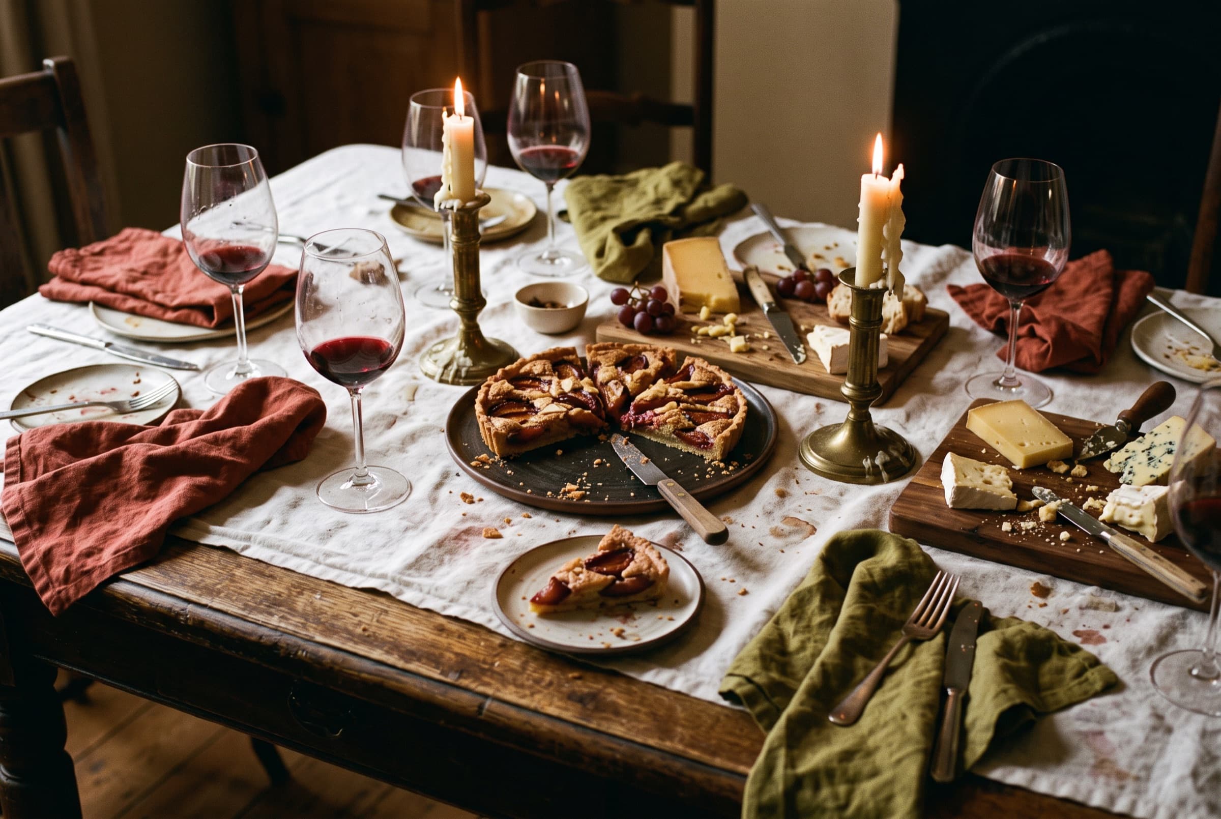Fin de repas aux chandelles : verres à moitié vides, bougies consumées et tarte entamée (illustration)