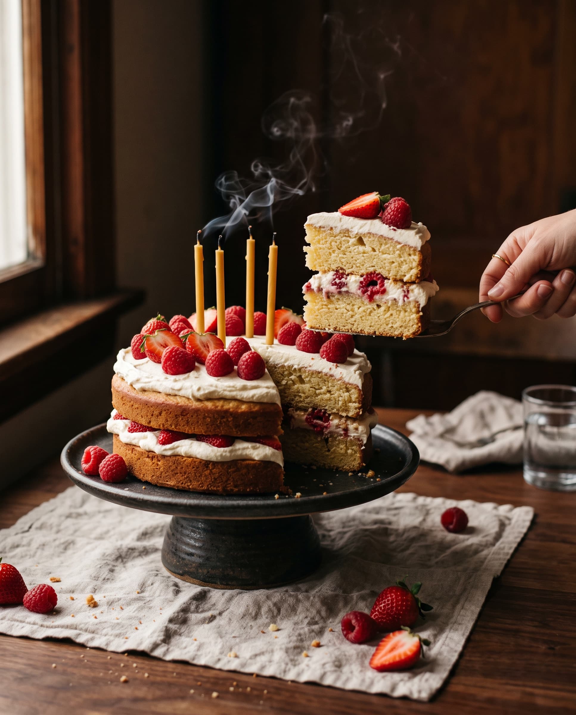 Gâteau aux fruits rouges, une part soulevée à la pelle (illustration)