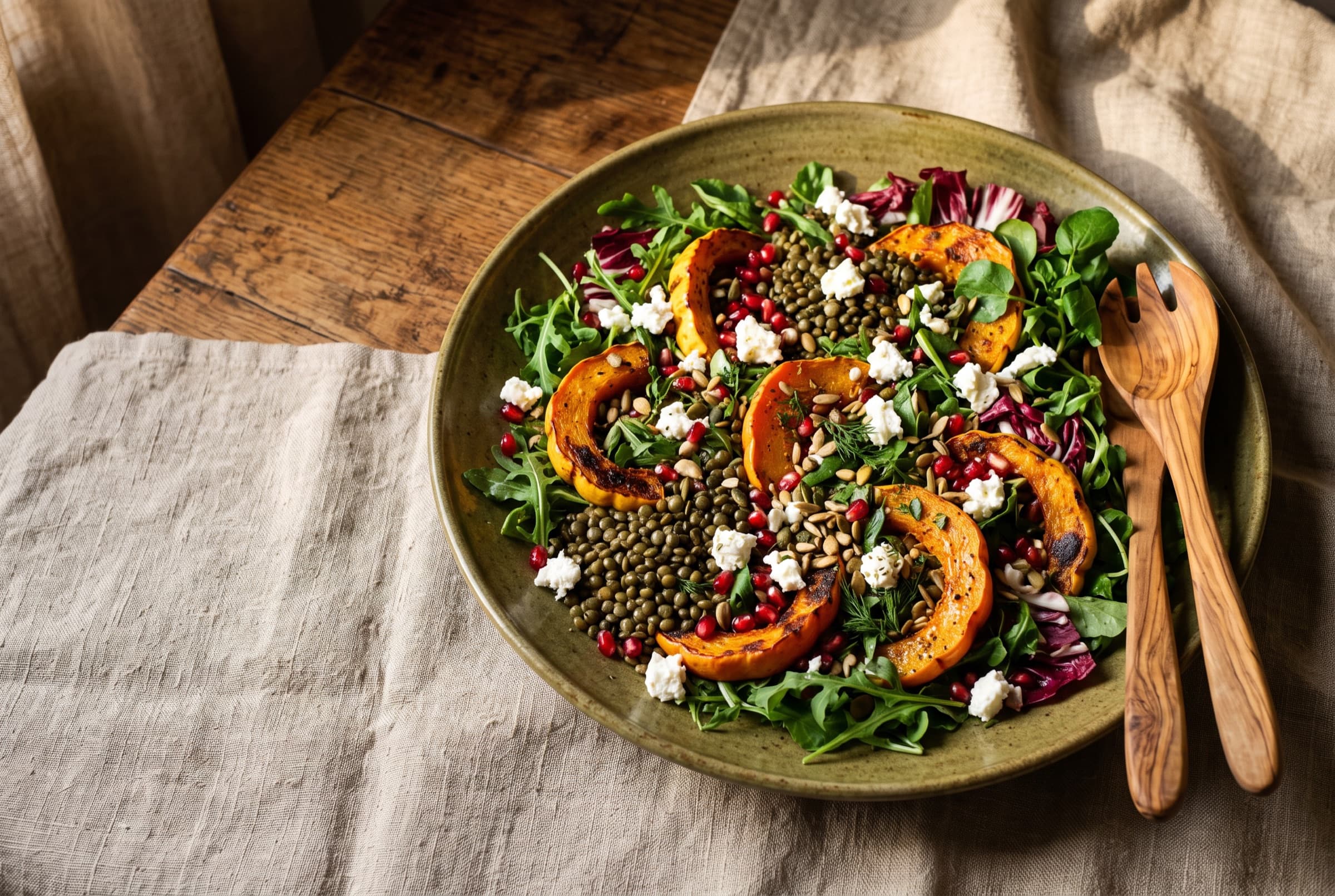 Grand plat de salade de saison à partager : courge rôtie, lentilles, roquette et grenade (illustration)