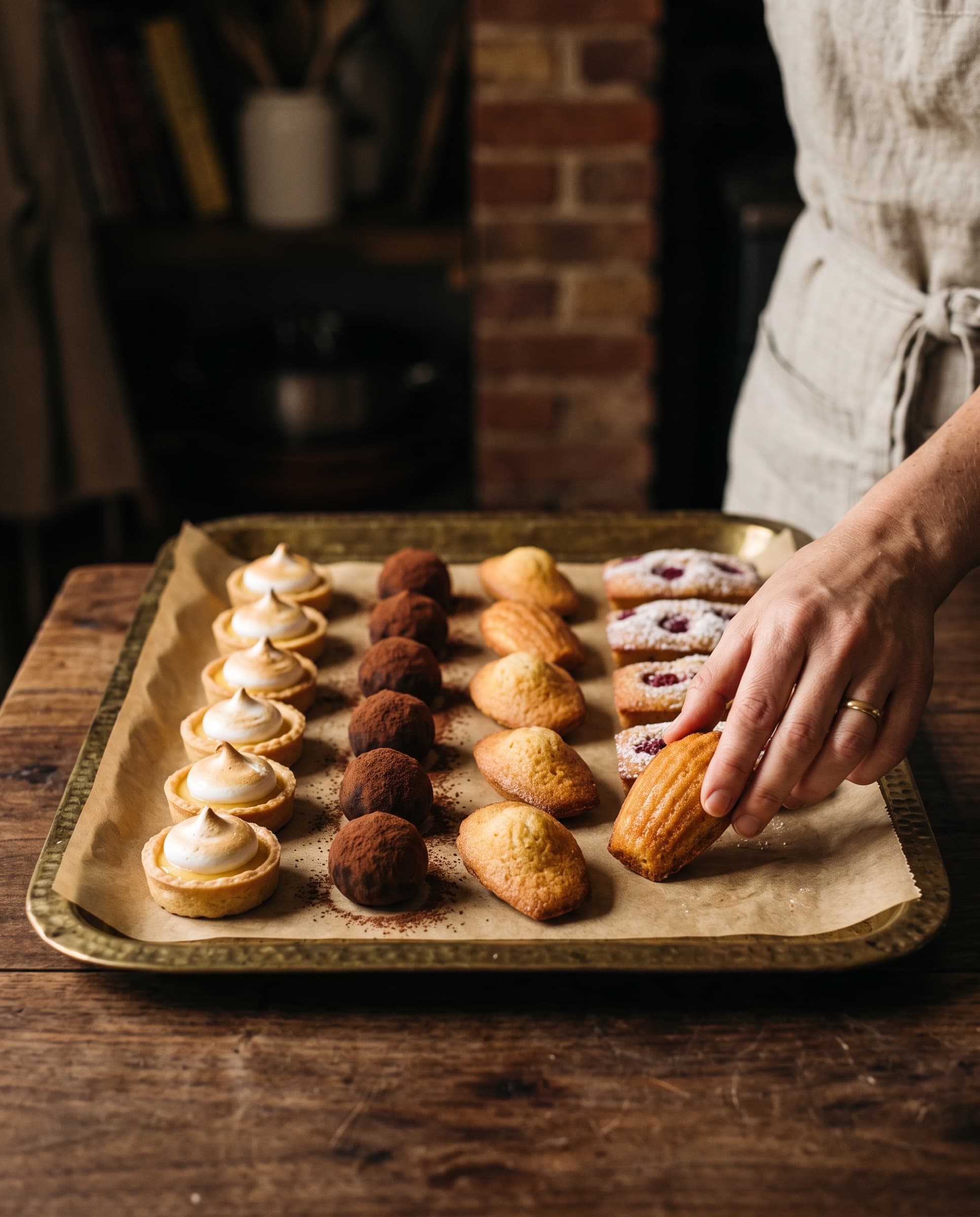 Plateau en laiton de mignardises : tartelettes au citron, truffes et madeleines (illustration)