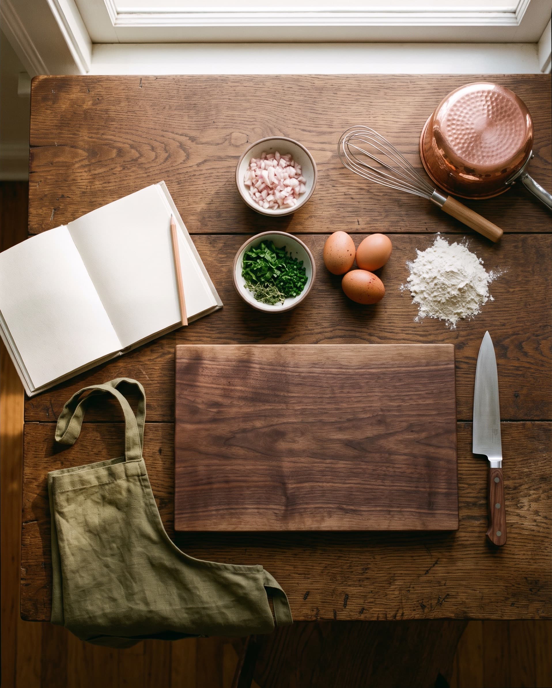 Poste de cours de cuisine vu du dessus : planche, couteau, herbes, œufs et fouet (illustration)