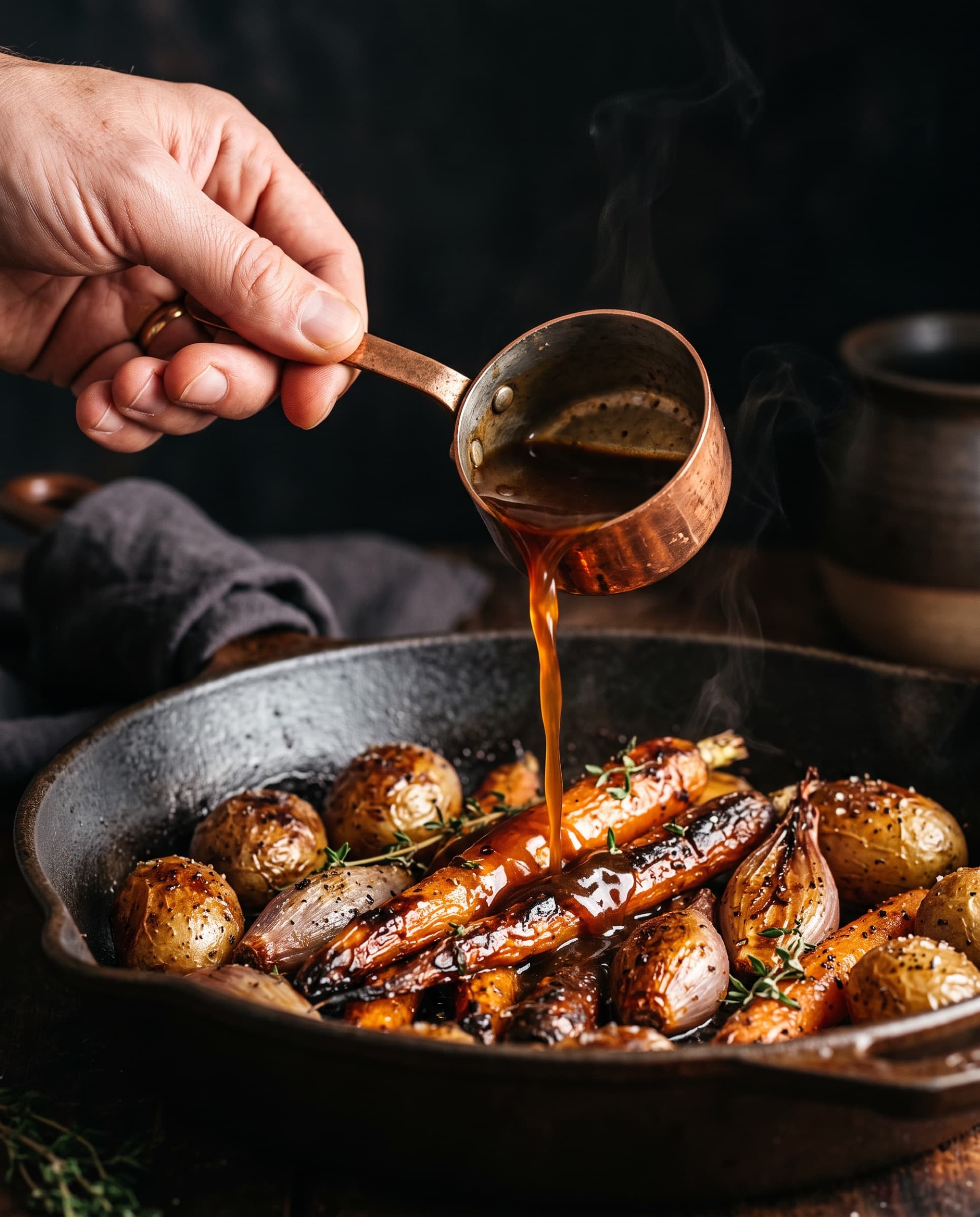 Louche en cuivre qui nappe de sauce des légumes rôtis dans un plat en fonte (illustration)