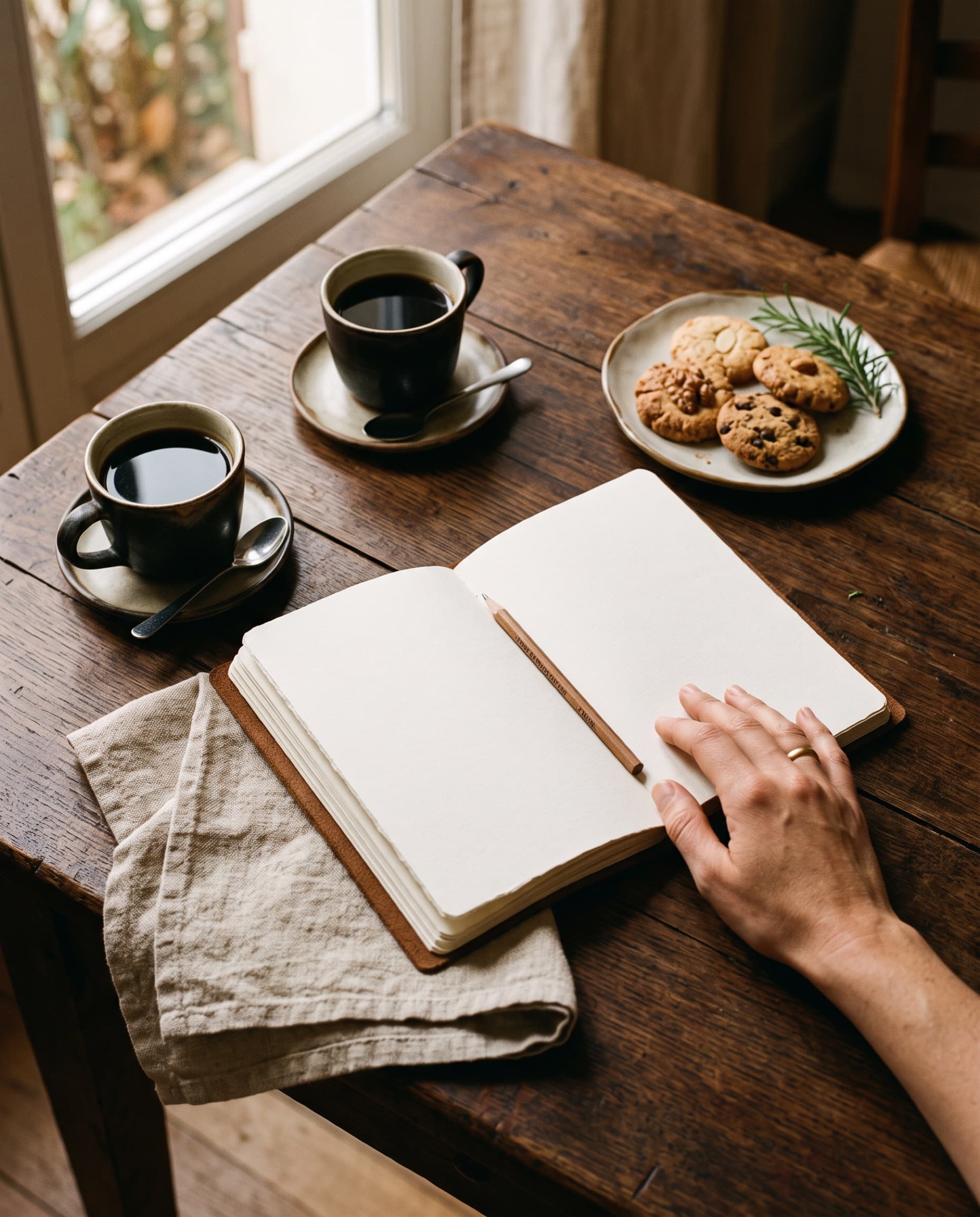 Deux tasses de café et un carnet ouvert pour préparer votre événement (illustration)