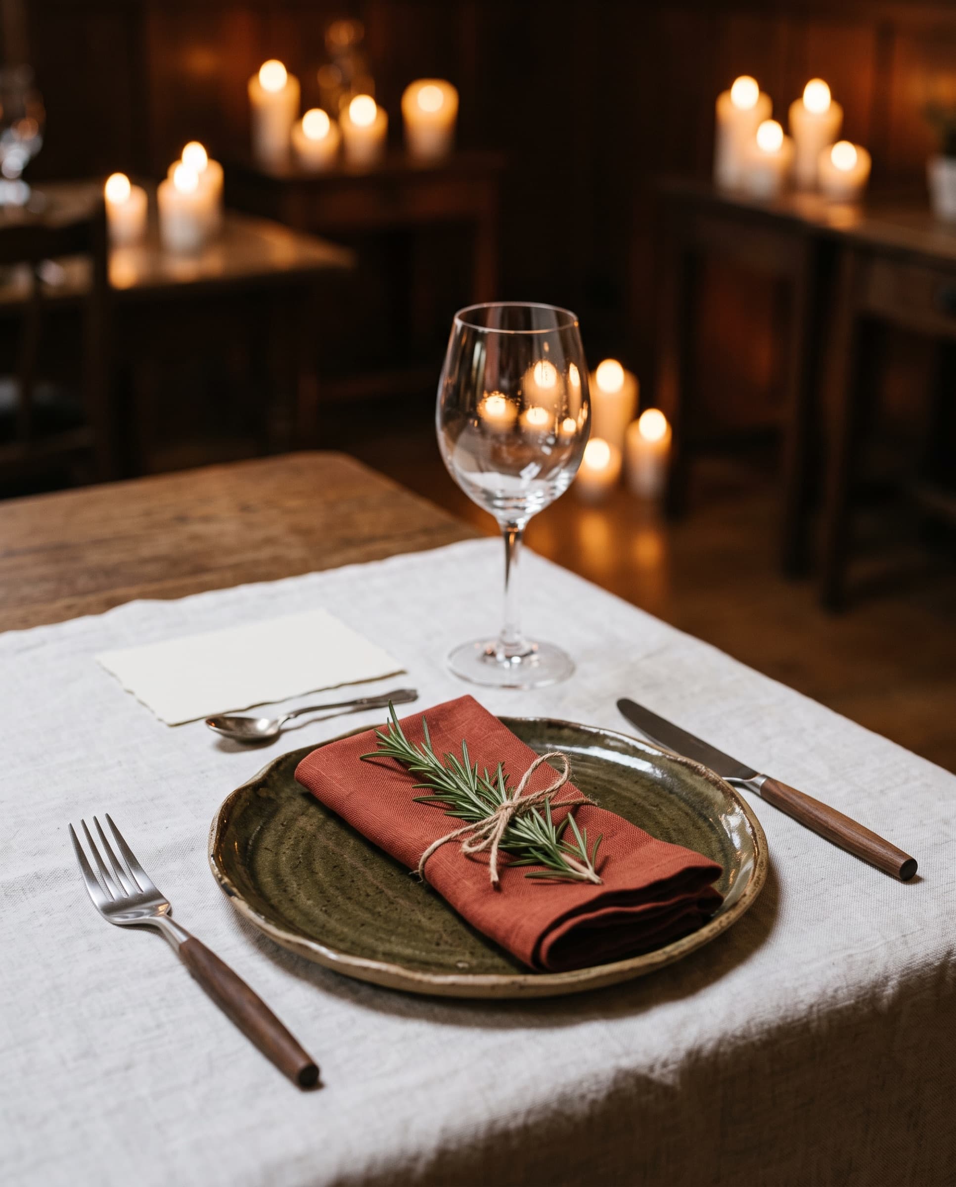Couvert de mariage : assiette en grès, serviette en lin brique et brin de romarin (illustration)