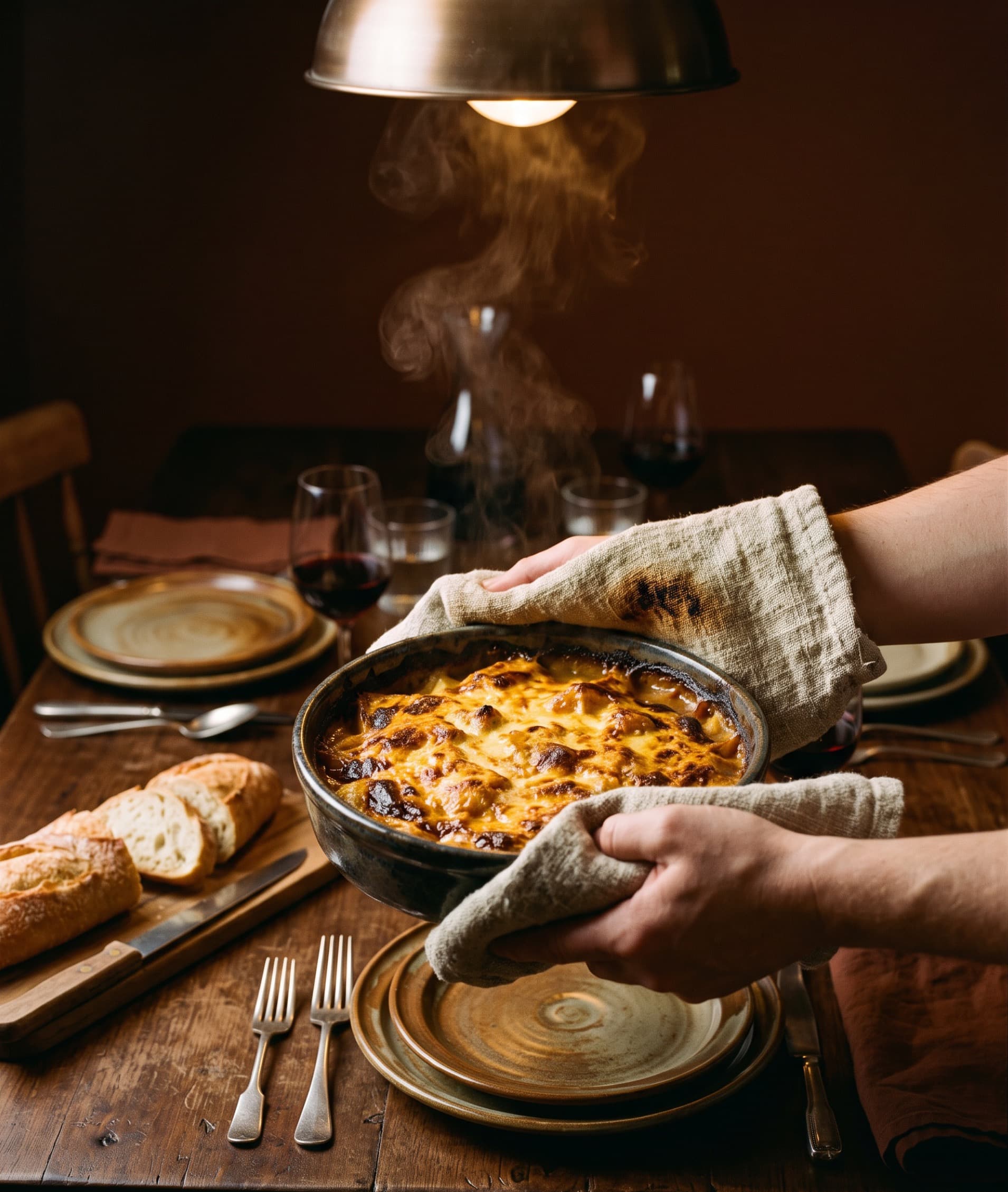Mains qui posent un gratin doré et fumant sur une table familiale (illustration)