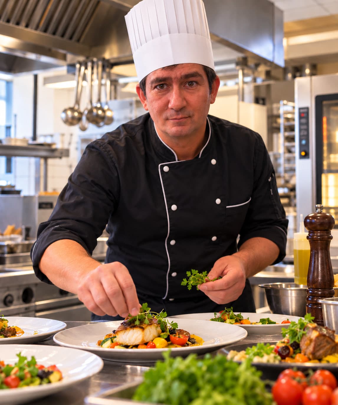 Nicolas Sverdlov en veste de chef noire et toque blanche, dressant une assiette